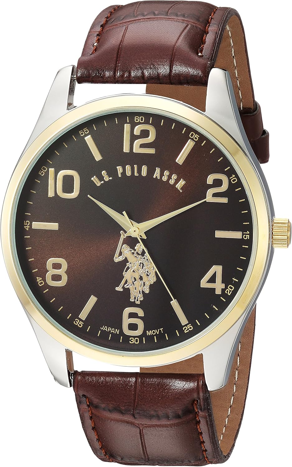 U.S. Polo Assn. Men’s Brown Dial Watch with Gold-Tone Bezel and Croc-Embossed Strap – Analog Quartz Timepiece in Gift Box Fits Wrists 5.5″-8″ with 44mm Silver-Tone Case U.S. Polo Assn. Men’s Brown Dial Watch with Gold-Tone Bezel and Croc-Embossed Strap – Analog Quartz Timepiece in Gift Box Fits Wrists 5.5″-8″ with 44mm Silver-Tone Case