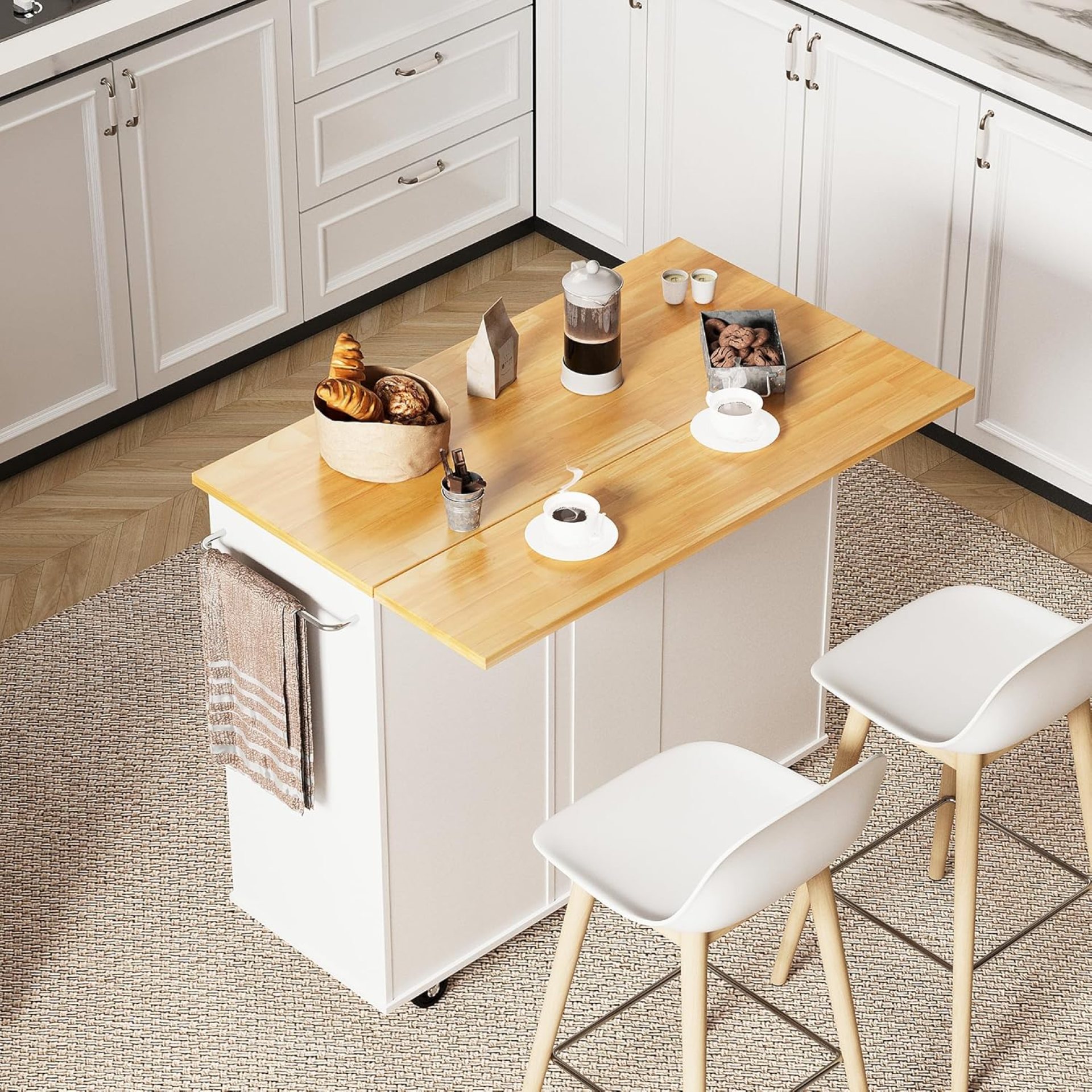 Shintenchi Rolling Kitchen Island Cart with Folding Drop Leaf Breakfast Bar, Portable Trolley Island with Large Storage Cabinet, Shelf and Drawer, White Shintenchi Rolling Kitchen Island Cart with Folding Drop Leaf Breakfast Bar, Portable Trolley Island with Large Storage Cabinet, Shelf and Drawer, White