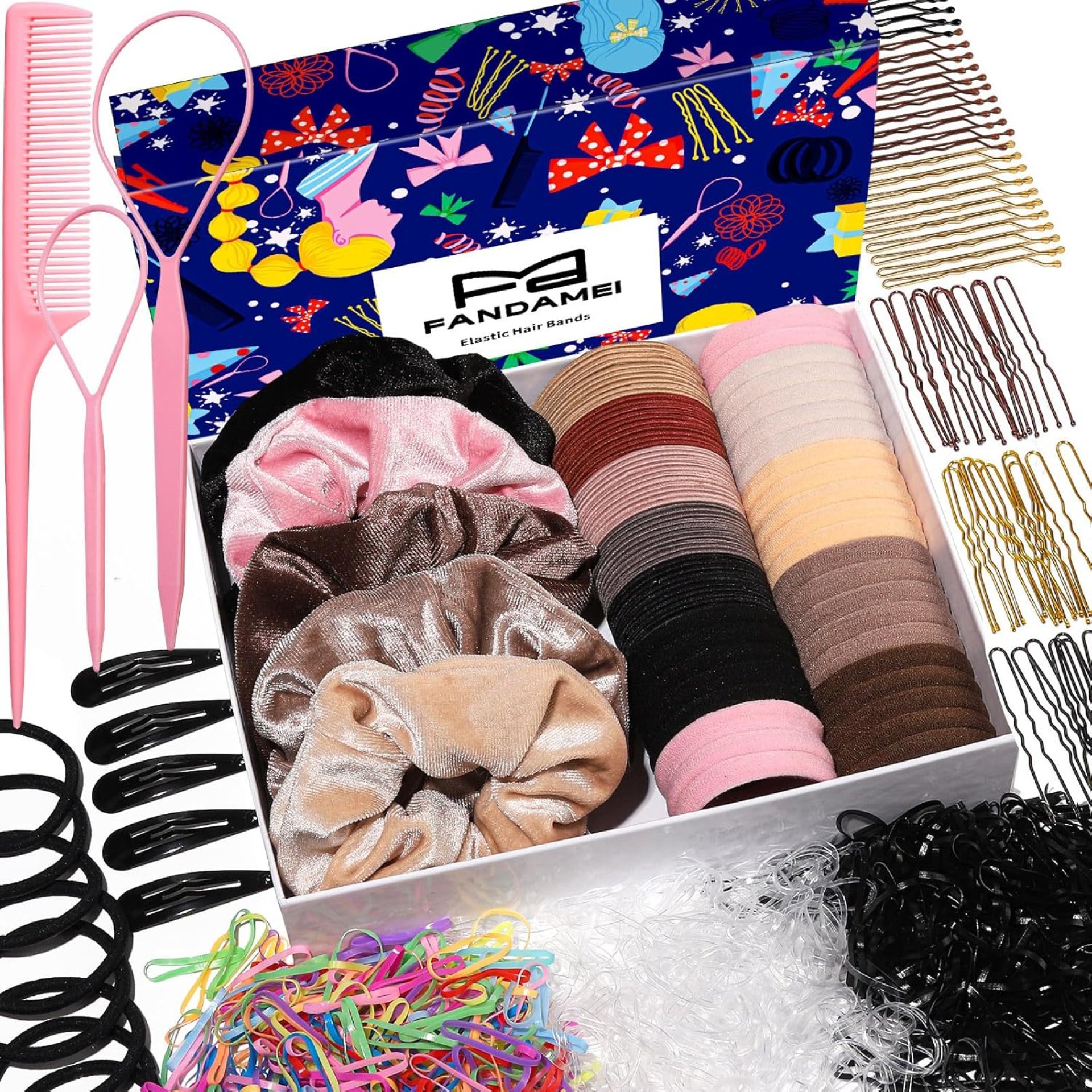 FANDAMEI Hair Ties Kit, Velvet Scrunchies, Elastic Rubber Bands, Seamless Ties, Clips, Bobby Pins, U Shaped Pins for Styling, Accessories Kit for Women FANDAMEI Hair Ties Kit, Velvet Scrunchies, Elastic Rubber Bands, Seamless Ties, Clips, Bobby Pins, U Shaped Pins for Styling, Accessories Kit for Women