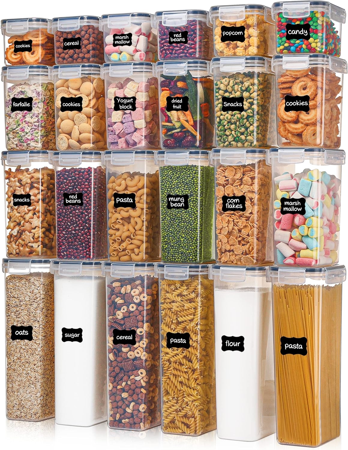 Airtight Food Storage Containers with Lids, Vtopmart 24 pcs Plastic Kitchen and Pantry Organization Canisters for Cereal, Dry Food, Flour and Sugar, BPA Free, Includes 24 Labels,Black Airtight Food Storage Containers with Lids, Vtopmart 24 pcs Plastic Kitchen and Pantry Organization Canisters for Cereal, Dry Food, Flour and Sugar, BPA Free, Includes 24 Labels,Black