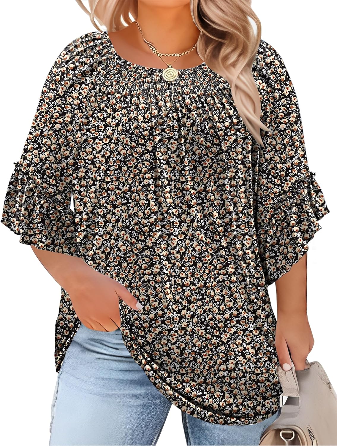 Micoson Womens Plus Size Tops 3/4 Ruffle Sleeve Shirts Crewneck Pleated Blouses Dressy Casual Fashion Tunic Top (1X-5X) Micoson Womens Plus Size Tops 3/4 Ruffle Sleeve Shirts Crewneck Pleated Blouses Dressy Casual Fashion Tunic Top (1X-5X)
