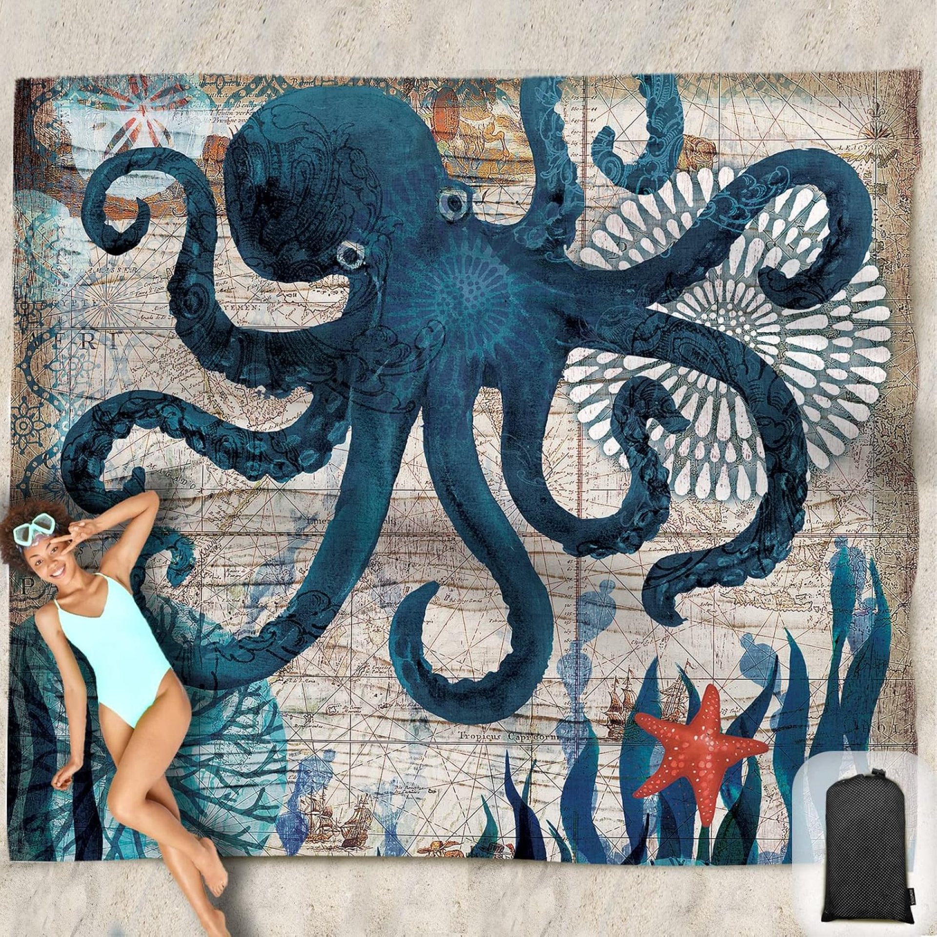 Beach Blanket Waterproof Sandproof Oversized 95”x 80”,Sand Free Beach Mat with Corner Pockets,Portable Mesh Bag for Beach Festival,Picnic,Travel and Outdoor Camping (Octopus) Beach Blanket Waterproof Sandproof Oversized 95”x 80”,Sand Free Beach Mat with Corner Pockets,Portable Mesh Bag for Beach Festival,Picnic,Travel and Outdoor Camping (Octopus)