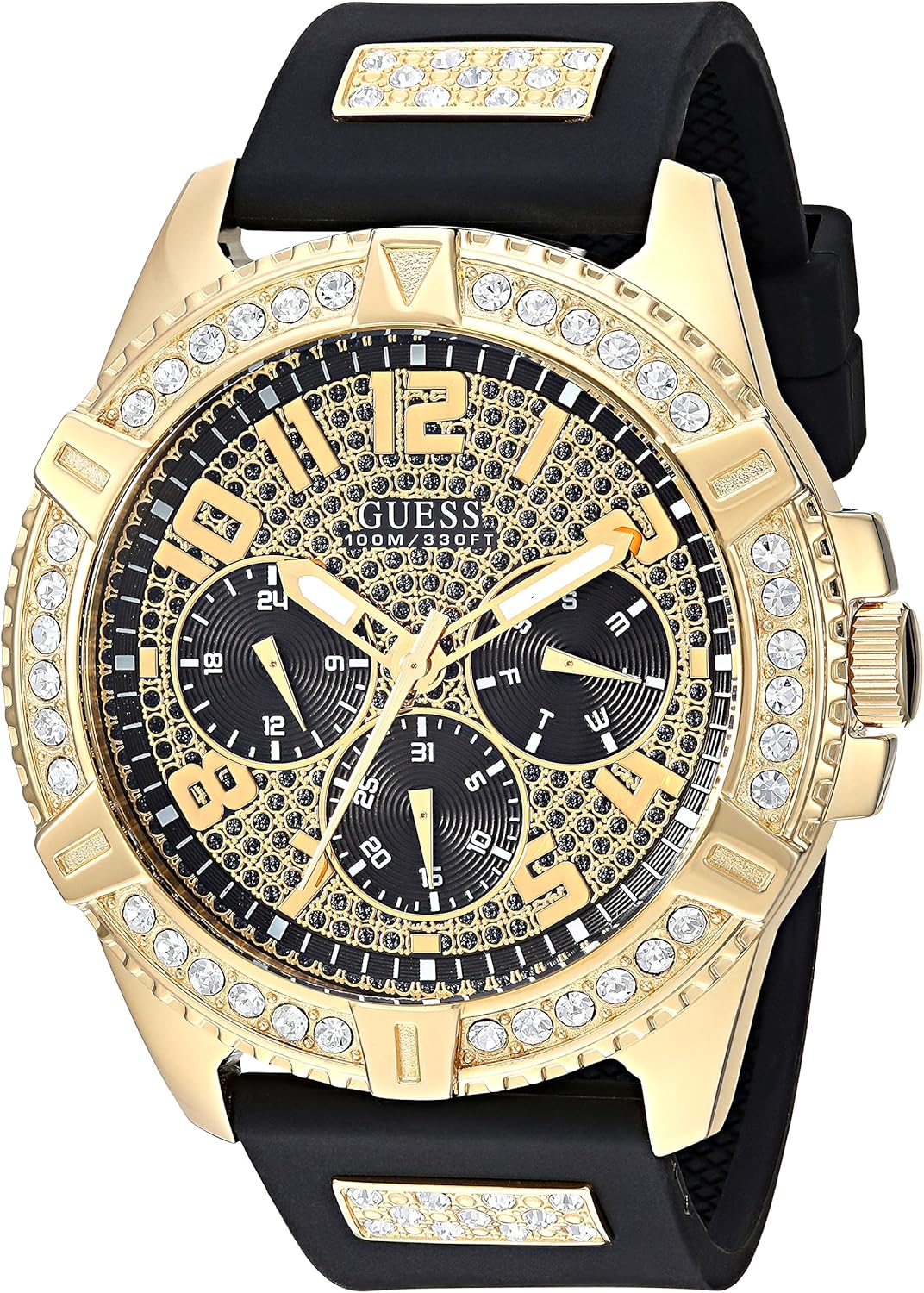 GUESS Comfortable Gold-Tone Black Stain Resistant Silicone Watch with Crystal Embellished Day, Date + 24 Hour Military/Int’l Time. Color: Black (Model: U1132G1) GUESS Comfortable Gold-Tone Black Stain Resistant Silicone Watch with Crystal Embellished Day, Date + 24 Hour Military/Int’l Time. Color: Black (Model: U1132G1)