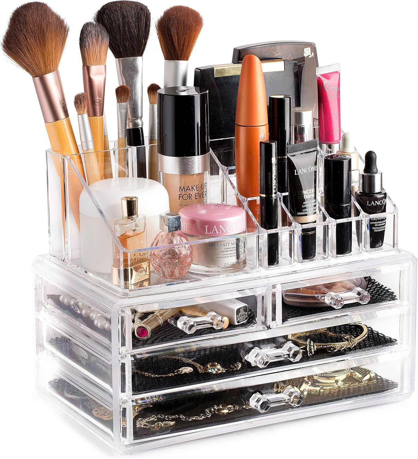 Masirs Clear Makeup Organizer – 16-Compartment Cosmetic and Jewelry Holder, 4-Drawer Vanity Storage, Elegant Clear Design for Makeup and Accessories Masirs Clear Makeup Organizer – 16-Compartment Cosmetic and Jewelry Holder, 4-Drawer Vanity Storage, Elegant Clear Design for Makeup and Accessories
