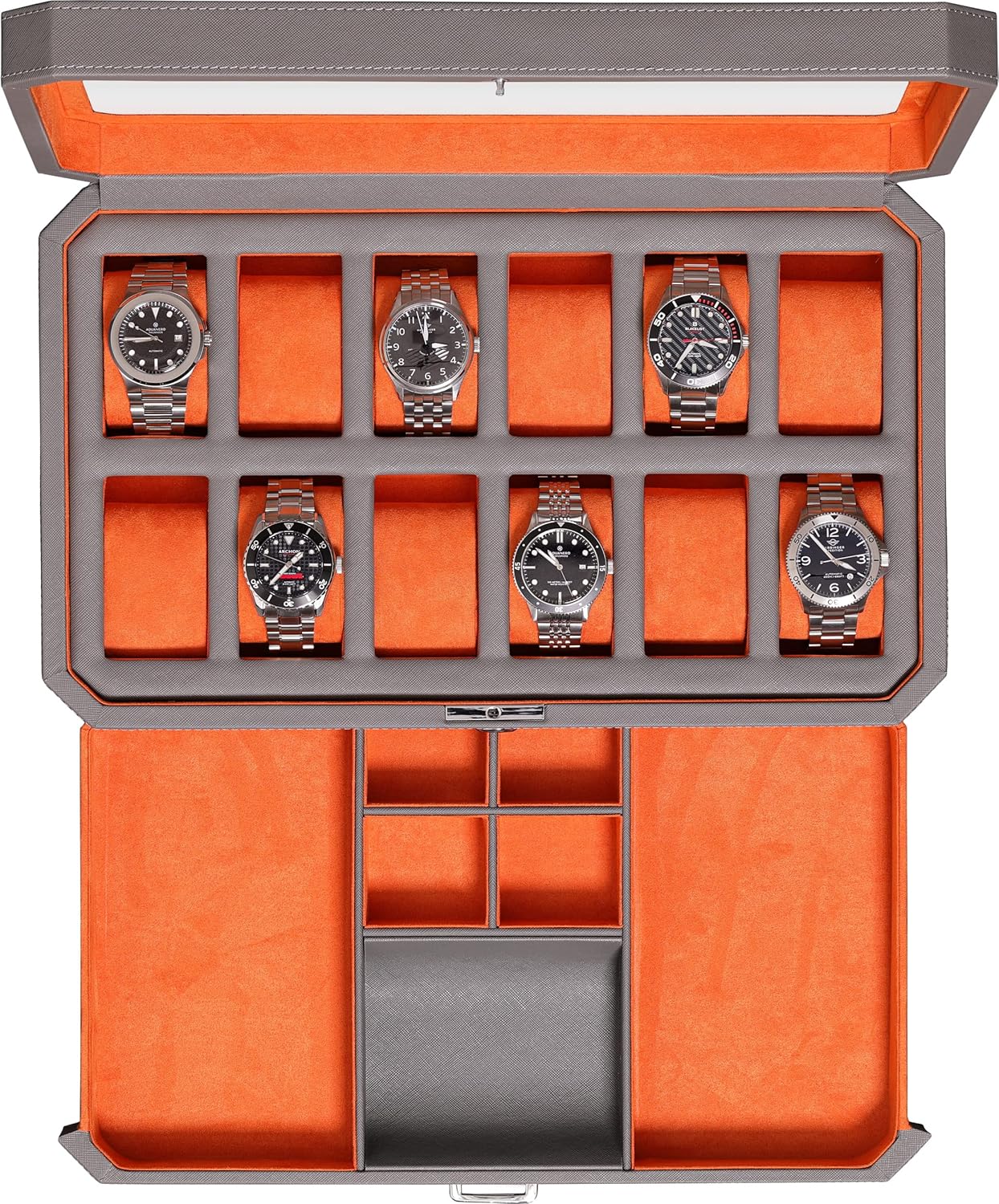 ROTHWELL 12 Slot Leather Watch Box with Valet Drawer – 12 Slot Luxury Watch Case Display Organizer, Microsuede Liner, Mens Accessories Holder, Jewelry Case, Jewelry Display Organizer (Grey/Orange) ROTHWELL 12 Slot Leather Watch Box with Valet Drawer – 12 Slot Luxury Watch Case Display Organizer, Microsuede Liner, Mens Accessories Holder, Jewelry Case, Jewelry Display Organizer (Grey/Orange)
