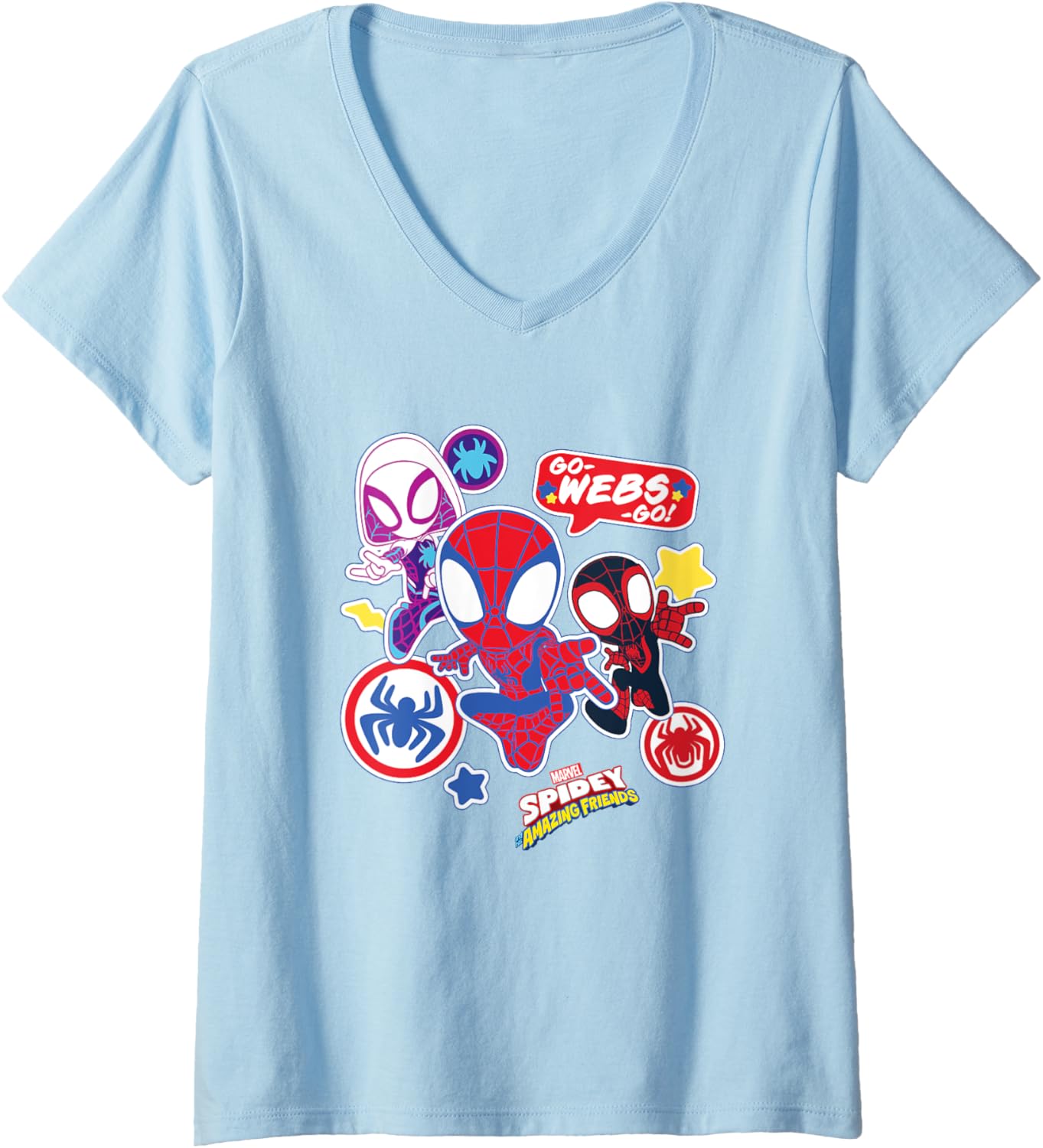 Womens Marvel Spidey And His Amazing Friends Team Spidey Stickers V-Neck T-Shirt Womens Marvel Spidey And His Amazing Friends Team Spidey Stickers V-Neck T-Shirt