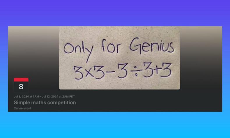 A fake Facebook event disguised as a math problem has been one of its top posts for 6 months A fake Facebook event disguised as a math problem has been one of its top posts for 6 months