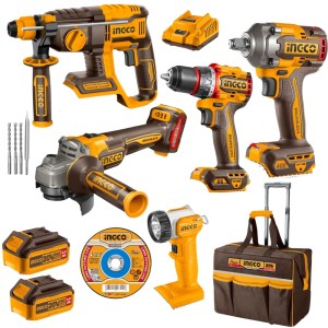 Ingco – Cordless Grinder, Drill, Wrench, Rotary Hammer, and Lamp Kit with Bag Ingco – Cordless Grinder, Drill, Wrench, Rotary Hammer, and Lamp Kit with Bag