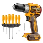 Ingco – Cordless Brushless Drill (60Nm) with 6 Piece Screwdriver Set Ingco – Cordless Brushless Drill (60Nm) with 6 Piece Screwdriver Set