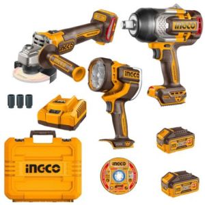 Ingco – Cordless Wrench, Angle Grinder, Work Light, Batteries & Charger Kit Ingco – Cordless Wrench, Angle Grinder, Work Light, Batteries & Charger Kit