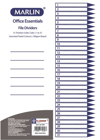 Marlin File 31 (1 – 31) Index Dividers 160gsm Pastel Board Marlin File 31 (1 – 31) Index Dividers 160gsm Pastel Board