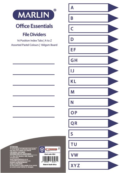 Marlin File 16 (A – Z) Index Dividers 160gsm Pastel Colours Marlin File 16 (A – Z) Index Dividers 160gsm Pastel Colours