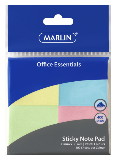 Marlin Sticky NotePad 38x38mm 100 Sheets x 4 Pastel Colours Marlin Sticky NotePad 38x38mm 100 Sheets x 4 Pastel Colours