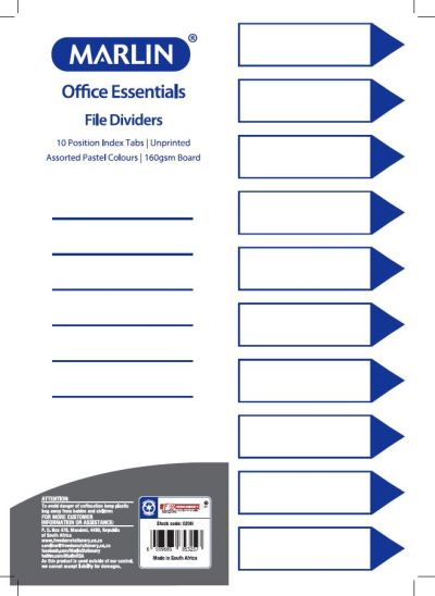 Marlin File 10 Unprinted Index Dividers 160gsm Pastel Colours Marlin File 10 Unprinted Index Dividers 160gsm Pastel Colours