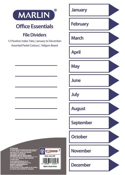 Marlin File 12 (Jan – Dec) Index Dividers 160gsm Pastel Colours Marlin File 12 (Jan – Dec) Index Dividers 160gsm Pastel Colours