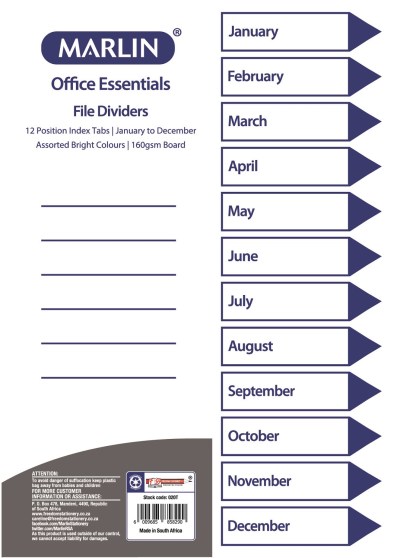 Marlin File 12 (Jan – Dec) Index Dividers 160gsm Bright Board Marlin File 12 (Jan – Dec) Index Dividers 160gsm Bright Board