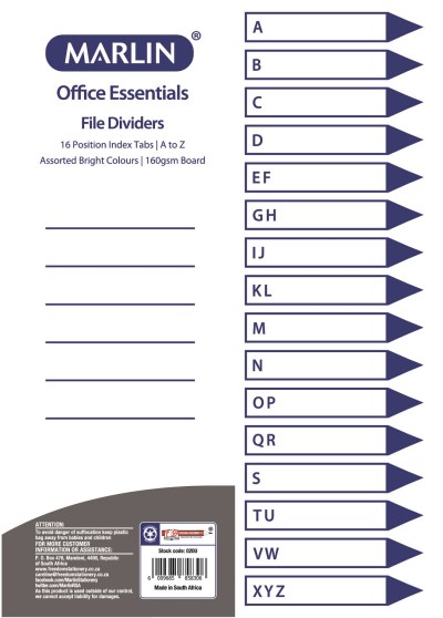 Marlin File 16 (A – Z) Index Dividers 160gsm Bright Board – Pack of 10 Marlin File 16 (A – Z) Index Dividers 160gsm Bright Board – Pack of 10