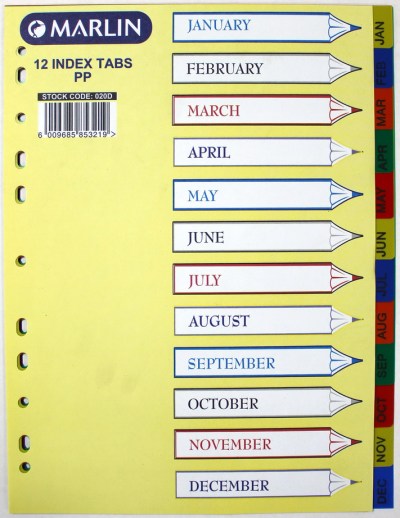 Marlin File 12 (Jan – Dec) Index Dividers Polyprop Bright Colours Marlin File 12 (Jan – Dec) Index Dividers Polyprop Bright Colours