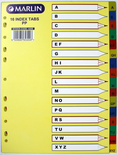 Marlin File 16 (A – Z) Index Dividers Polyprop Bright Colours Marlin File 16 (A – Z) Index Dividers Polyprop Bright Colours
