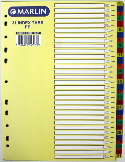 Marlin File 31 (1 – 31) Index Dividers Polyprop Bright Colours Marlin File 31 (1 – 31) Index Dividers Polyprop Bright Colours