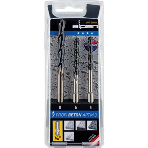 Alpen Profi Beton 3 Piece Set Hex Shank 5 6 8mm Alpen Profi Beton 3 Piece Set Hex Shank 5 6 8mm