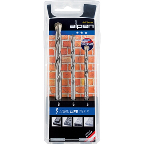 Alpen Masonry Drill Bit Set 3 Piece Long Life 5 6 8 Alpen Masonry Drill Bit Set 3 Piece Long Life 5 6 8