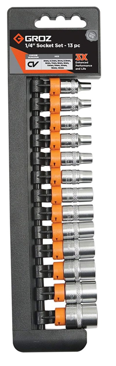 Groz Socket Set Hex 1/4 Inch Drive – 13 Piece (4mm – 14mm) Groz Socket Set Hex 1/4 Inch Drive – 13 Piece (4mm – 14mm)