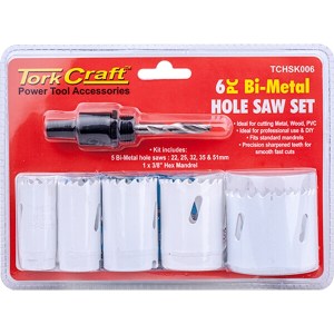 Tork Craft Hole Saw Set 6Pce Bi-Metal (22/25/32/35/51mm & 3/8 Hex Mandrel) Tork Craft Hole Saw Set 6Pce Bi-Metal (22/25/32/35/51mm & 3/8 Hex Mandrel)