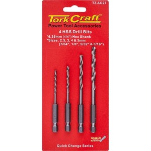 Tork Craft Hex Shank Drill Bit 4 Pce Set 2.5mm 3mm 4mm 5mm Tork Craft Hex Shank Drill Bit 4 Pce Set 2.5mm 3mm 4mm 5mm