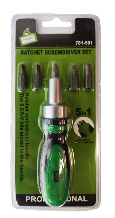 Waldo – Ratchet Screwdriver Set – Handle with 5 Bits Waldo – Ratchet Screwdriver Set – Handle with 5 Bits