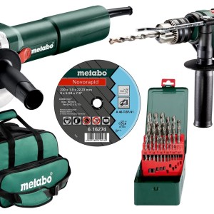 Metabo – Impact Drill, Angle Grinder, Drill Bit Set, Grinding Disks and Bag Metabo – Impact Drill, Angle Grinder, Drill Bit Set, Grinding Disks and Bag