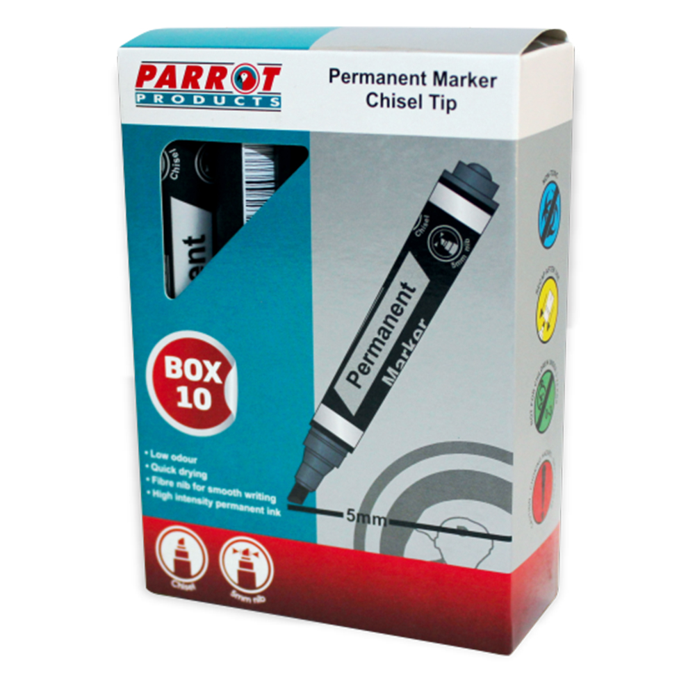 Parrot Chisel Tip Permanent Markers (Box of 10 – Black) Parrot Chisel Tip Permanent Markers (Box of 10 – Black)