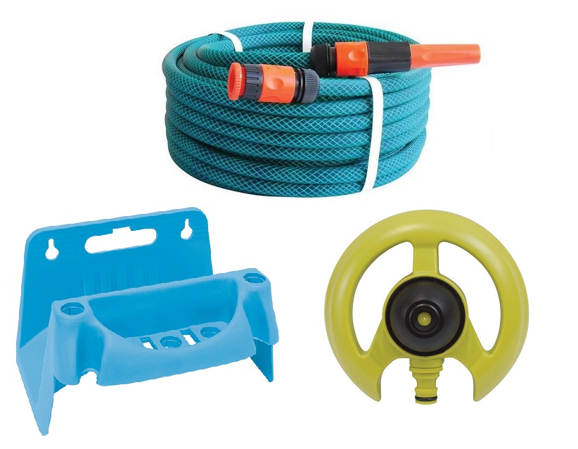 Hose Pipe Set (20m) with Fittings, Pyramid Sprinkler and Hose Reel Hanger Hose Pipe Set (20m) with Fittings, Pyramid Sprinkler and Hose Reel Hanger