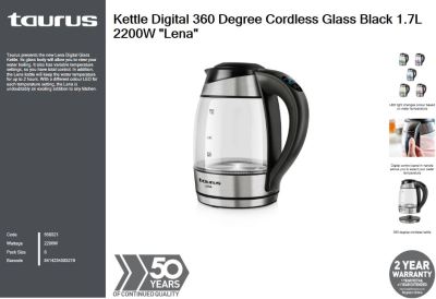 Taurus Kettle Digital 360 Degree Cordless Glass Black 1.7L 2200W “Lena” Taurus Kettle Digital 360 Degree Cordless Glass Black 1.7L 2200W “Lena”