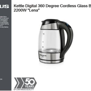 Taurus Kettle Digital 360 Degree Cordless Glass Black 1.7L 2200W “Lena” Taurus Kettle Digital 360 Degree Cordless Glass Black 1.7L 2200W “Lena”