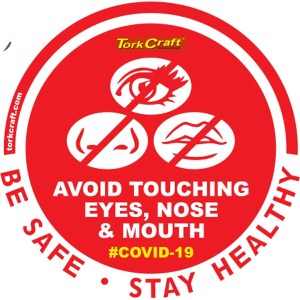 Covid 19 – 170mm Round Awareness Graphic – Tork Craft Red No Touch Face Covid 19 – 170mm Round Awareness Graphic – Tork Craft Red No Touch Face