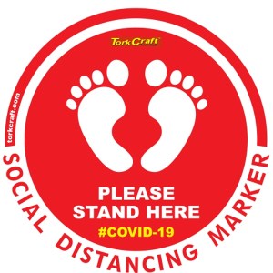 Covid 19 – 300mm Round Social Distancing Graphic – Tork Craft Red Feet Here Covid 19 – 300mm Round Social Distancing Graphic – Tork Craft Red Feet Here