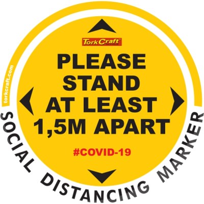 Covid 19 – 300mm Round Social Distancing Graphic – Tork Craft Yellow 1.5 Mtr Apart Covid 19 – 300mm Round Social Distancing Graphic – Tork Craft Yellow 1.5 Mtr Apart