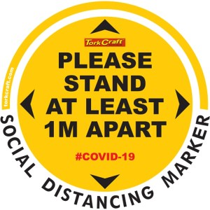 Covid 19 – 400mm Round Social Distancing Graphic – Tork Craft Yellow 1.0 Mtr Apart Please Covid 19 – 400mm Round Social Distancing Graphic – Tork Craft Yellow 1.0 Mtr Apart Please