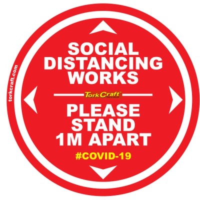 Covid 19 – 300mm Round Social Distancing Graphic – Tork Craft Double Red 1.0 Mtr Apart Covid 19 – 300mm Round Social Distancing Graphic – Tork Craft Double Red 1.0 Mtr Apart