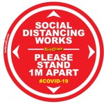 Covid 19 – 400mm Round Social Distancing Graphic – Tork Craft Double Red 1.0 Mtr Apart Please Covid 19 – 400mm Round Social Distancing Graphic – Tork Craft Double Red 1.0 Mtr Apart Please