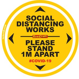 Covid 19 – 300mm Round Social Distancing Graphic – Tork Craft Double Yellow 1.0 Mtr Apart Covid 19 – 300mm Round Social Distancing Graphic – Tork Craft Double Yellow 1.0 Mtr Apart