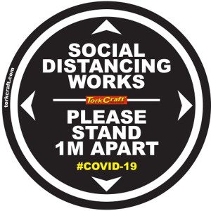 Covid 19 – 300mm Round Social Distancing Graphic – Tork Craft Double Black 1.0 Mtr Apart Covid 19 – 300mm Round Social Distancing Graphic – Tork Craft Double Black 1.0 Mtr Apart