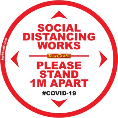 Covid 19 – 400mm Round Social Distancing Graphic – Tork Craft Double White 1.0 Mtr Apart Please Covid 19 – 400mm Round Social Distancing Graphic – Tork Craft Double White 1.0 Mtr Apart Please