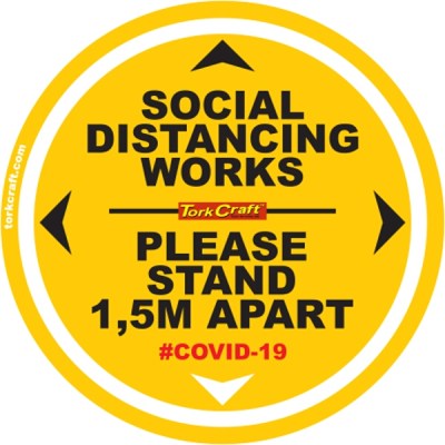 Covid 19 – 400mm Round Social Distancing Graphic – Tork Craft Double Yellow 1.5 Mtr Apart Please Covid 19 – 400mm Round Social Distancing Graphic – Tork Craft Double Yellow 1.5 Mtr Apart Please