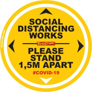 Covid 19 – 400mm Round Social Distancing Graphic – Tork Craft Double Yellow 1.5 Mtr Apart Please Covid 19 – 400mm Round Social Distancing Graphic – Tork Craft Double Yellow 1.5 Mtr Apart Please