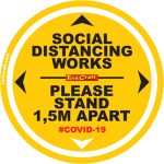 Covid 19 – 400mm Round Social Distancing Graphic – Tork Craft Double Yellow 1.5 Mtr Apart Please Covid 19 – 400mm Round Social Distancing Graphic – Tork Craft Double Yellow 1.5 Mtr Apart Please