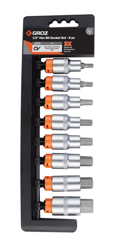 Groz 8 Piece Hex Bit Socket Set- 1/2 Inch Dr. Groz 8 Piece Hex Bit Socket Set- 1/2 Inch Dr.
