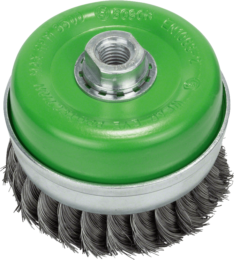 Wire cup brush, stainless 100 mm, 0,35 mm, M14, knotted wire Wire cup brush, stainless 100 mm, 0,35 mm, M14, knotted wire