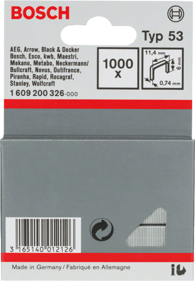 Staple, Type 53 11,4 X 0,74 X 6 mm, 1000 Piece Staple, Type 53 11,4 X 0,74 X 6 mm, 1000 Piece